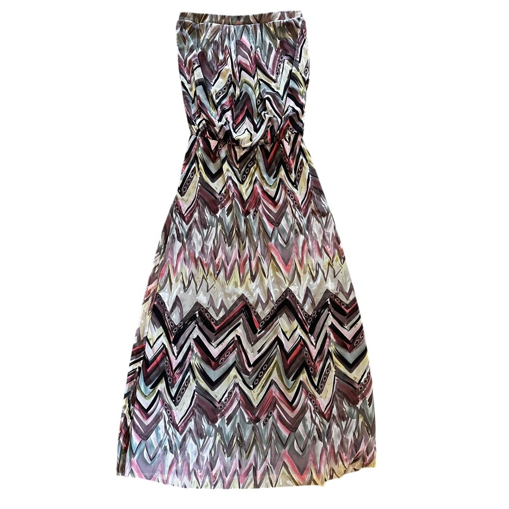 For Cynthia‎ Strapless Mesh Maxi Dress Chevron Zigzag Print Earth Tones Medium